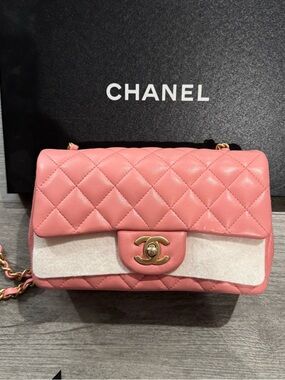 Chanel Pink GHW Mini Rectangular Lambskin Quilted Flap